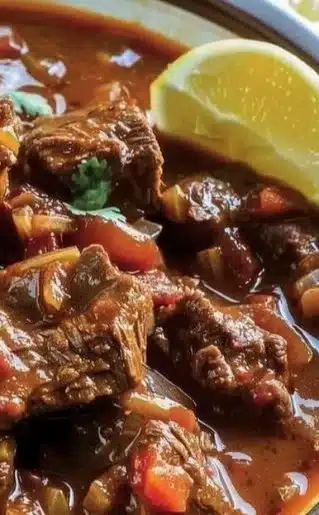 Delicious Beef Chile Colorado served with garnishes and rice