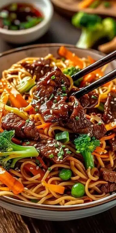 Plate of Beef Teriyaki Noodles garnished with vegetables