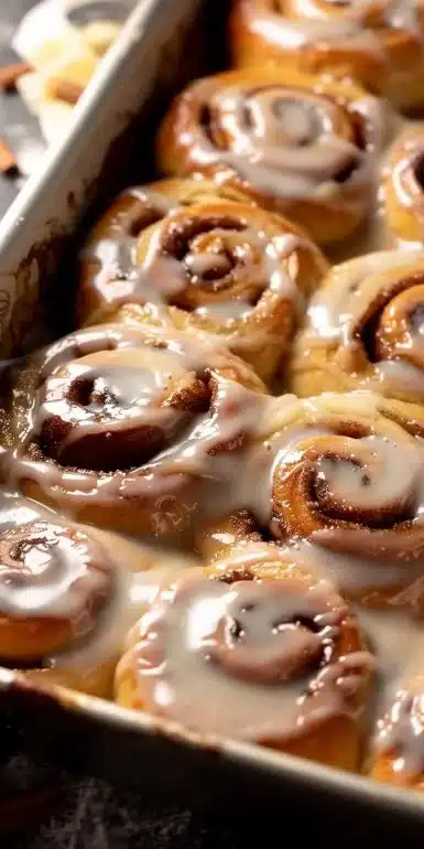 Delicious homemade cinnamon rolls topped with creamy icing on a plate.