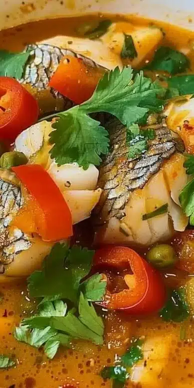 Bowl of Brazilian Fish Stew (Moqueca) garnished with cilantro and lime.