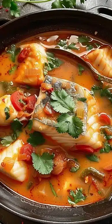 A colorful bowl of Brazilian fish stew (Moqueca) featuring seafood and vegetables.