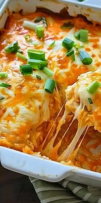 Delicious Buffalo Chicken Cheese Bake served in a baking dish with cheese and chicken.