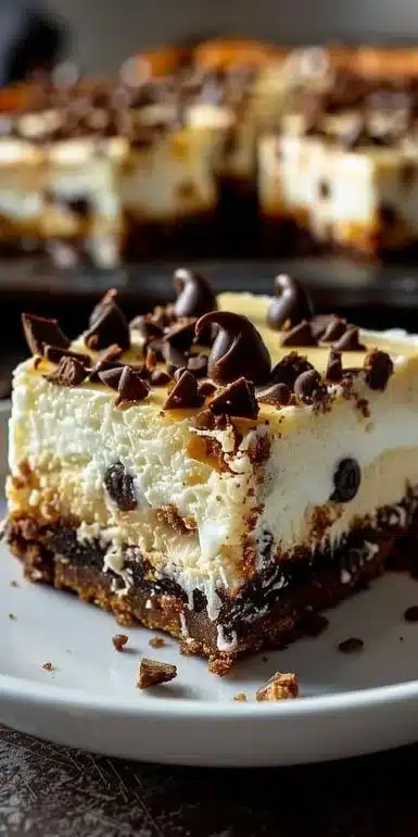 Delicious Cannoli Cheesecake Bars topped with creamy filling and chocolate chips.