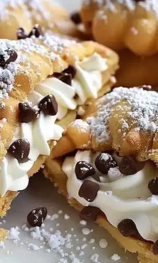 Delicious cannoli cookies with cream filling and chocolate chips on a plate.