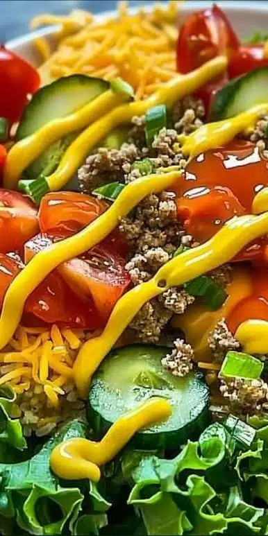 Delicious Cheeseburger Protein Bowl topped with fresh vegetables and sauce