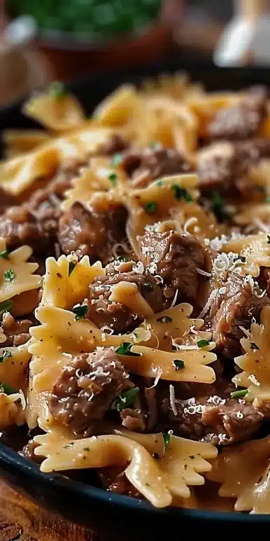 Cheesy Beef and Bowtie Pasta in Garlic Butter