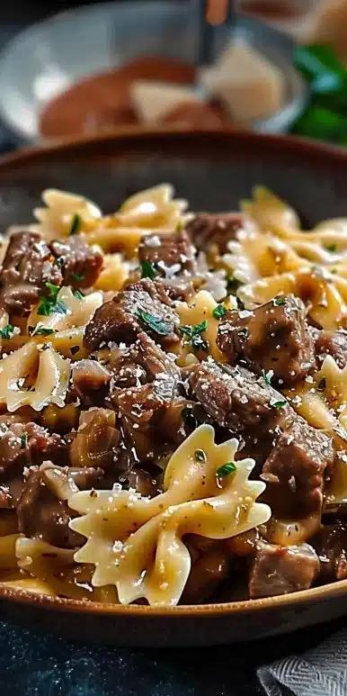 Cheesy Beef and Bowtie Pasta in Garlic Butter