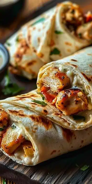 Cheesy garlic chicken wraps filled with succulent chicken and melted cheese