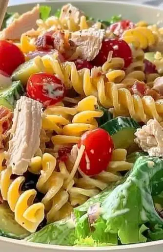 Delicious Chicken Club Pasta Salad in a bowl with fresh ingredients.