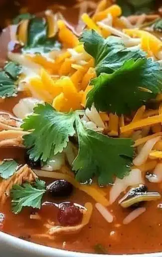 Bowl of hearty Chicken Enchilada Soup garnished with fresh cilantro and lime.
