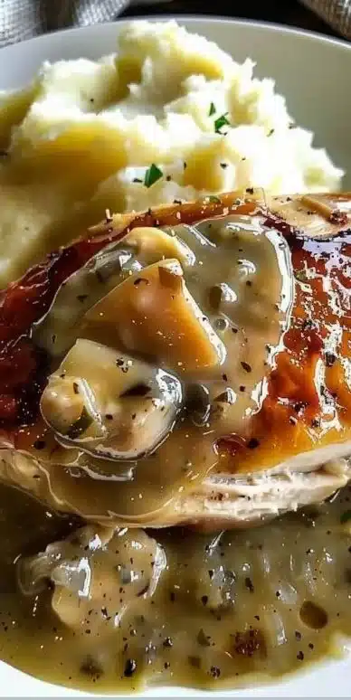 Delicious Chicken Garlic Gravy served over creamy mashed potatoes