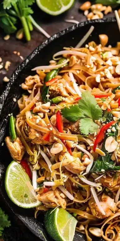 Delicious Chicken Pad Thai garnished with lime and peanuts