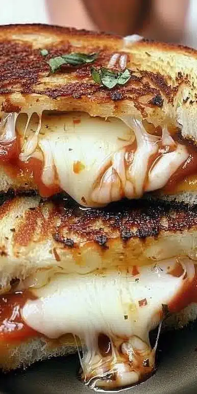 Delicious Chicken Parmesan Grilled Cheese sandwich with melted cheese and crispy chicken