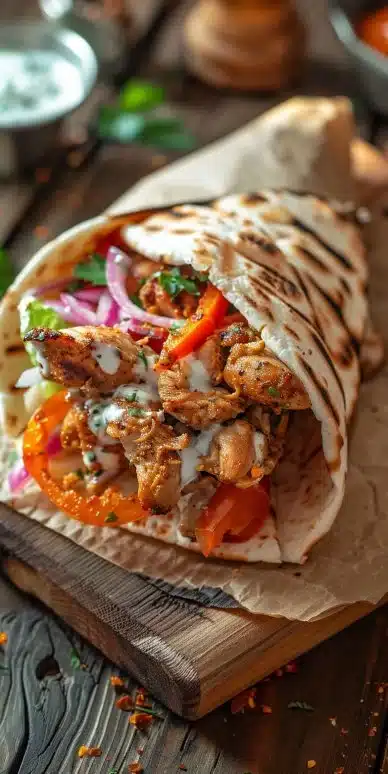 Delicious Chicken Shawarma served with fresh vegetables and spices