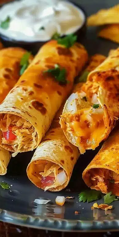 Delicious homemade Chicken Taquitos served with dipping sauce