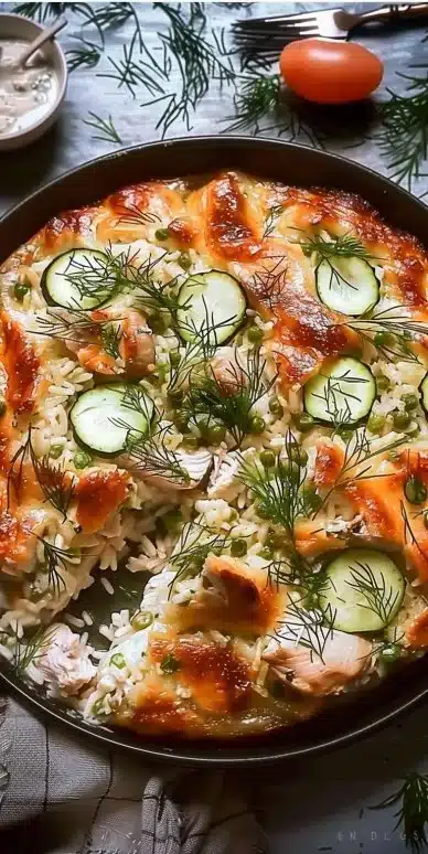 Chicken Tzatziki Rice Bake dish served with herbs and spices