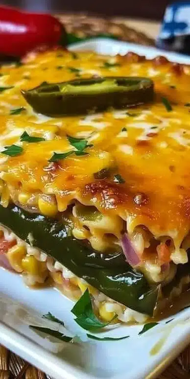 Delicious Chiles Rellenos Casserole with seven flavorful layers served on a plate