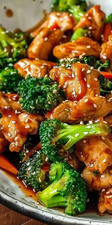 A plate of Chinese chicken and broccoli stir-fry showcasing vibrant vegetables and tender chicken.