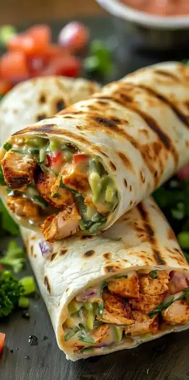 Delicious Chipotle ranch grilled chicken burrito ready to serve.