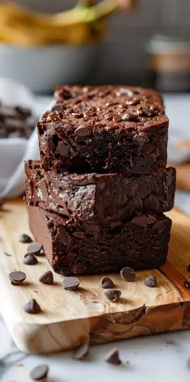 Loaf of Chocolate Banana Protein Bread with chocolate chips and bananas