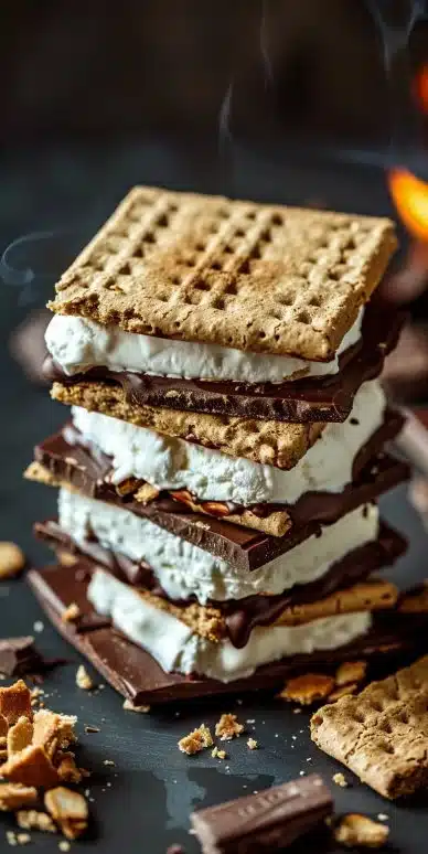 Delicious chocolate dipped s'mores stacked on a plate