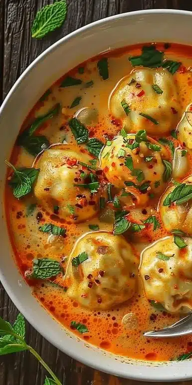 Bowl of Coconut Curry Soup with Dumplings, garnished with herbs