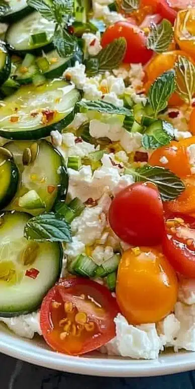 Colorful cottage cheese dinner bowls with fresh vegetables and toppings