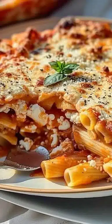 A hearty Cottage Cheese Pasta Bake dish topped with cheese and herbs