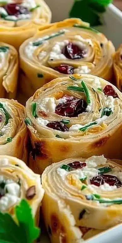 Delicious Cranberry Feta Pinwheels served on a platter.