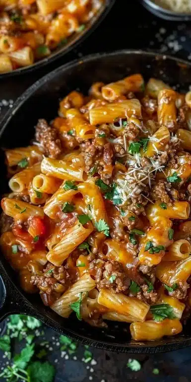 Creamy cheesy beef taco pasta dish served in a bowl with toppings.