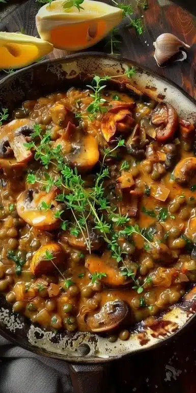 Creamy lentil mushroom stroganoff served in a bowl with parsley garnish