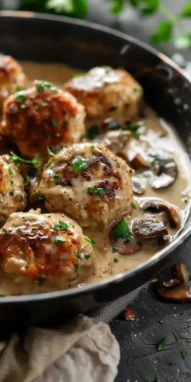 Creamy mushroom chicken meatballs served in a bowl with herbs