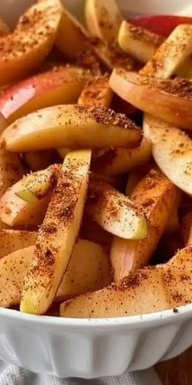 Crispy air fryer apple fries served on a plate garnished with cinnamon