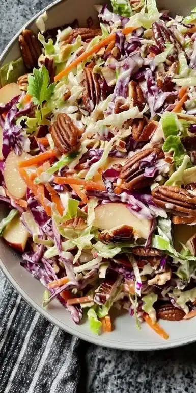 Crispy apple coleslaw with pecans in a bowl