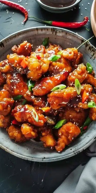 Plate of crispy chilli chicken garnished with green onions