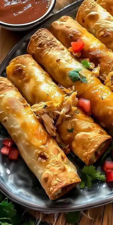 Delicious crunchy oven-baked chicken taquitos served on a platter