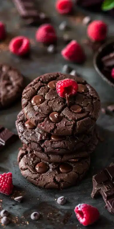 Decadent chocolate raspberry cookies on a plate with fresh raspberries