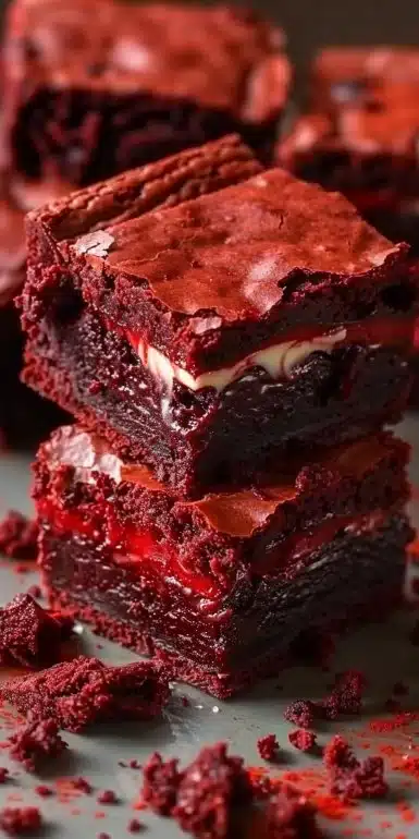 Decadent red velvet brownies with cream cheese frosting on a plate