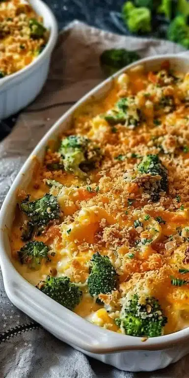 Cheesy French onion casserole with broccoli baked golden and bubbly