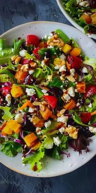 Delicious autumn chopped salad with seasonal vegetables and dressing
