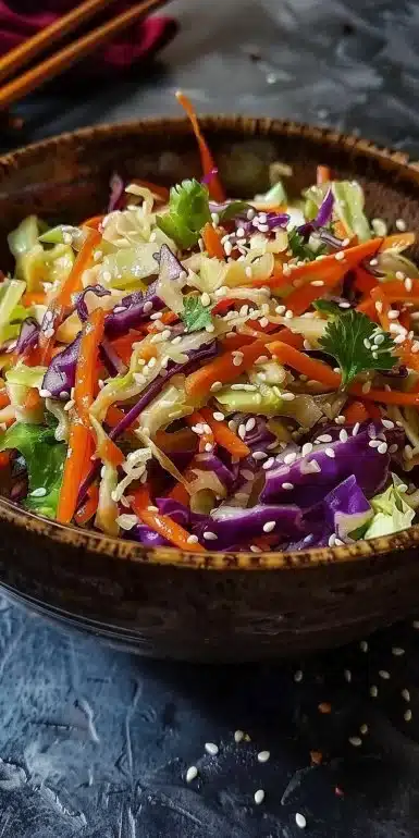 Bowl of crunchy Asian cabbage slaw with vibrant vegetables