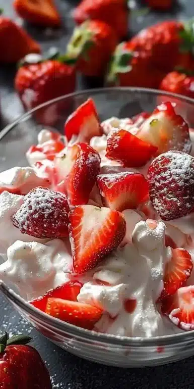 A bowl of creamy strawberry fluff salad with fresh strawberries and whipped topping