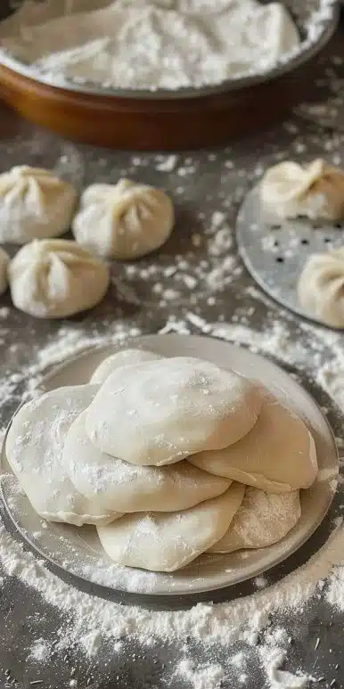 Homemade dumpling dough preparation with ingredients and tools