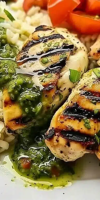 Delicious easy Peruvian chicken and rice with vibrant green sauce