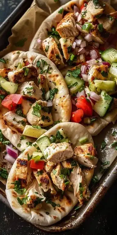 Easy sheet pan chicken pitas with fresh vegetables and herbs.