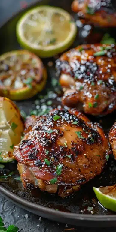 Juicy soy garlic chicken thighs served with vegetables on a plate.
