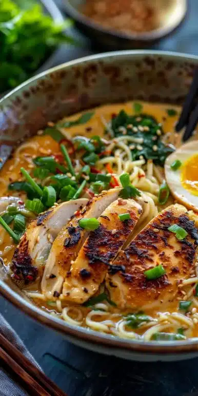 Fiery Chicken Ramen with Creamy Garlic Sauce