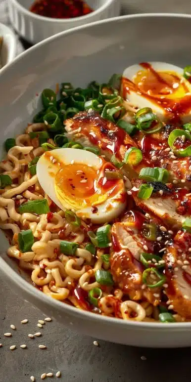 Fiery Chicken Ramen with Creamy Garlic Sauce