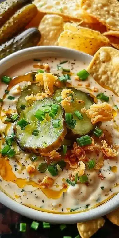 Bowl of delicious Fried Pickle Dip with crispy pickles and toppings