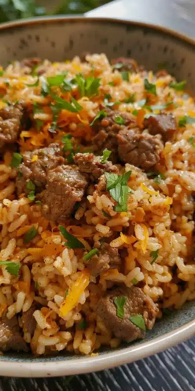 Delicious Garlic Butter Beef served with Cheddar Rice on a plate